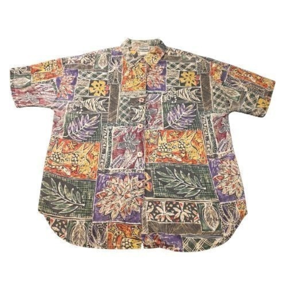 Vintage Womens M Short Sleeve Button Down Abstract Tropical Patchwork Top 90s